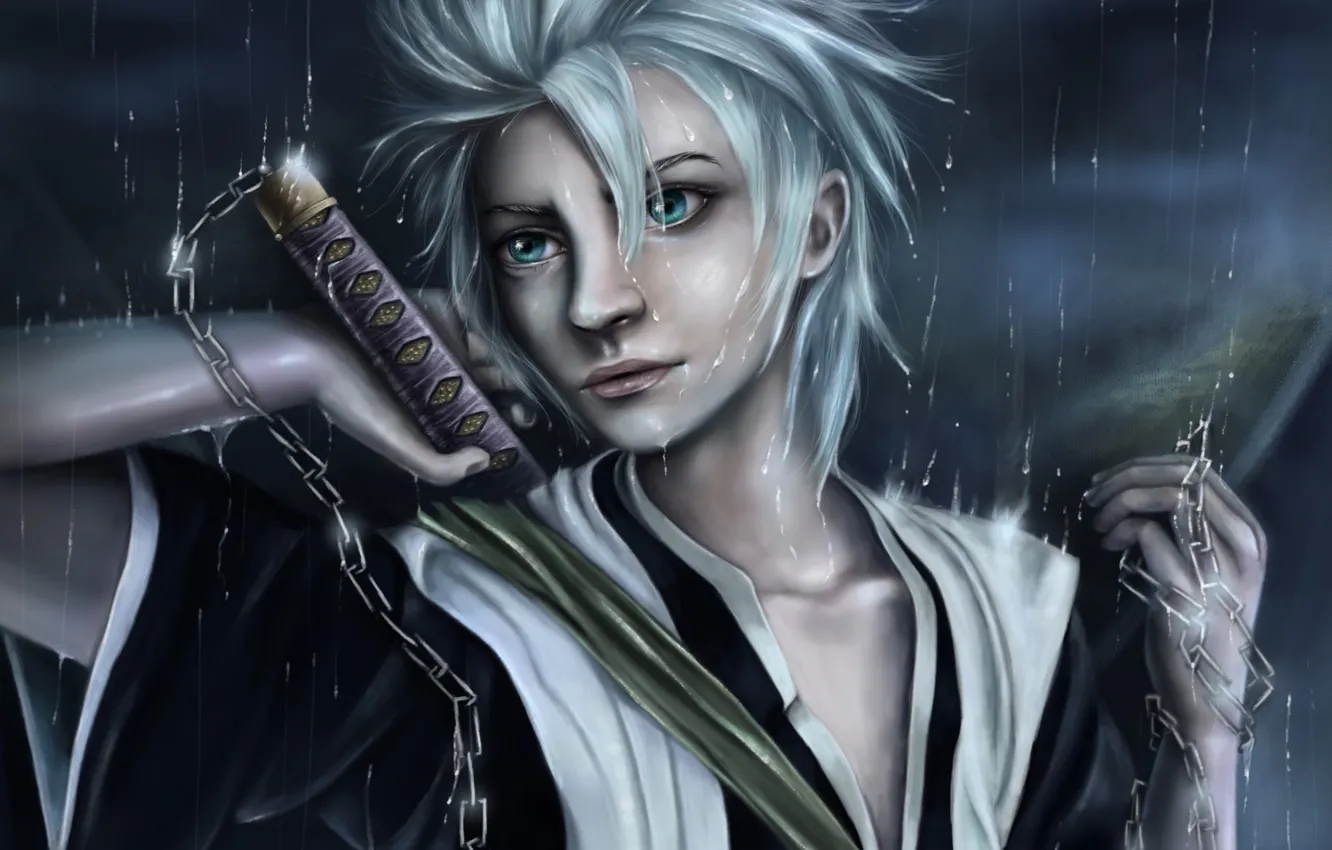 Photo wallpaper rain, sword, art, chain, guy, Bleach, hitsugaya toushirou