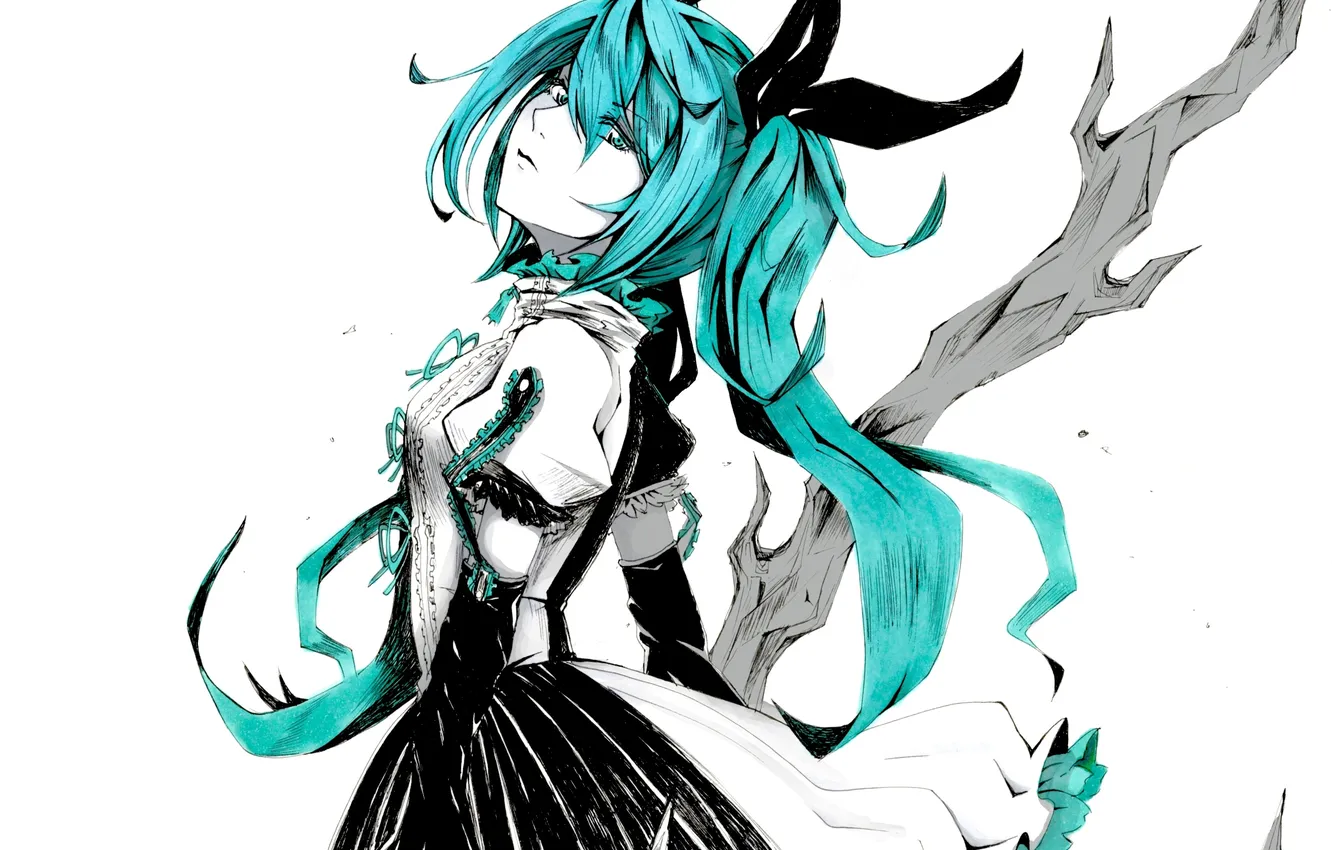 Photo wallpaper girl, branch, art, vocaloid, hatsune miku, bow, Vocaloid, meltdown