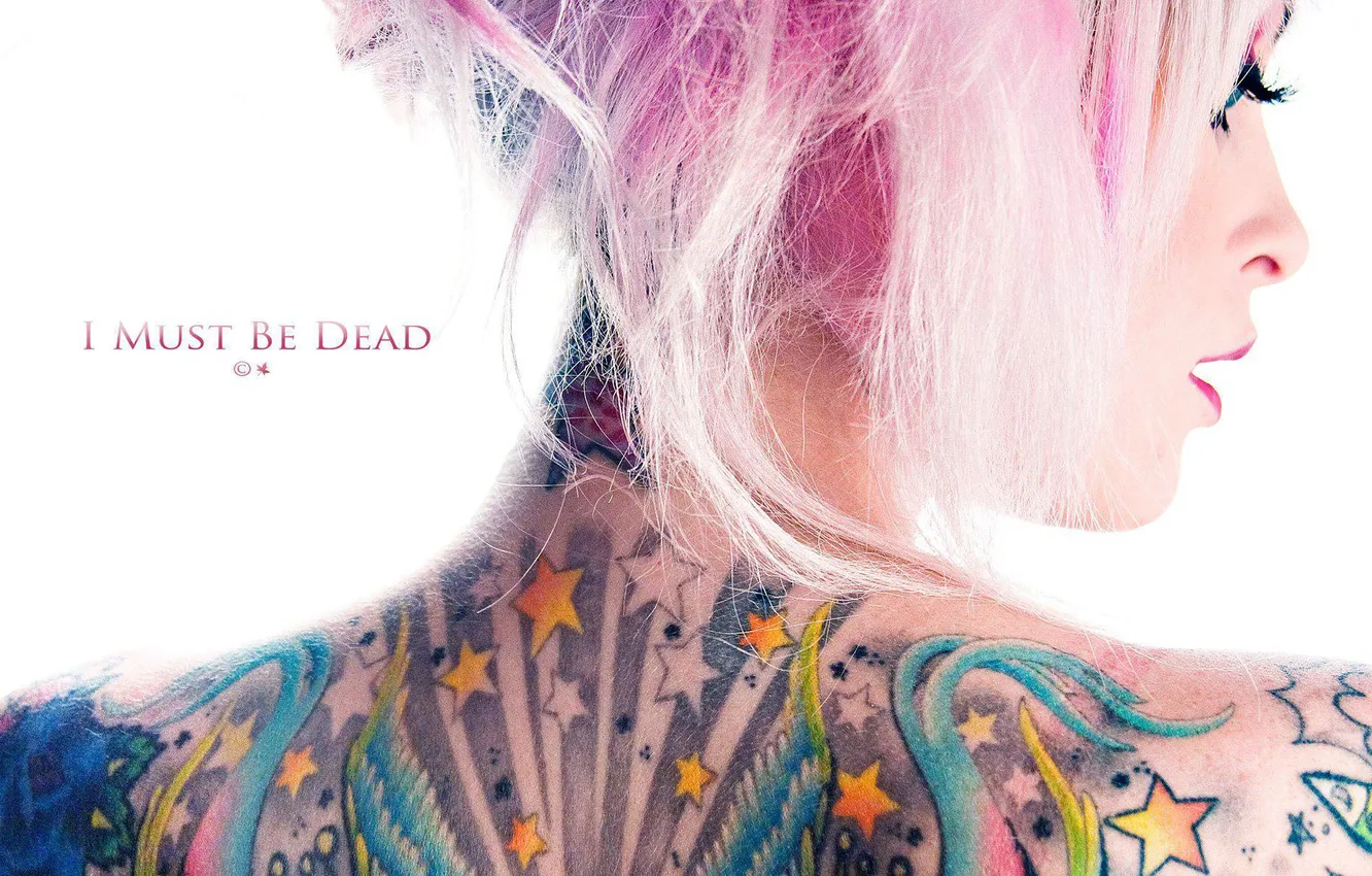 Photo wallpaper girl, the inscription, back, tattoo, tattoo, pink hair, i must be dead