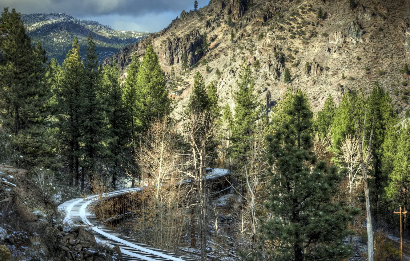 Photo wallpaper landscape, mountains, railroad