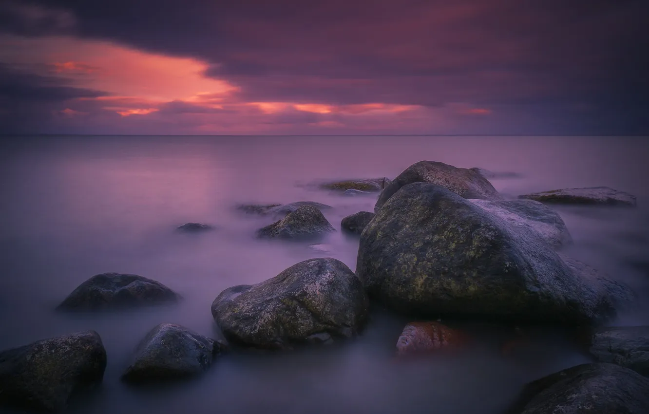 Photo wallpaper landscape, the ocean, dawn, shore, horizon, twilight