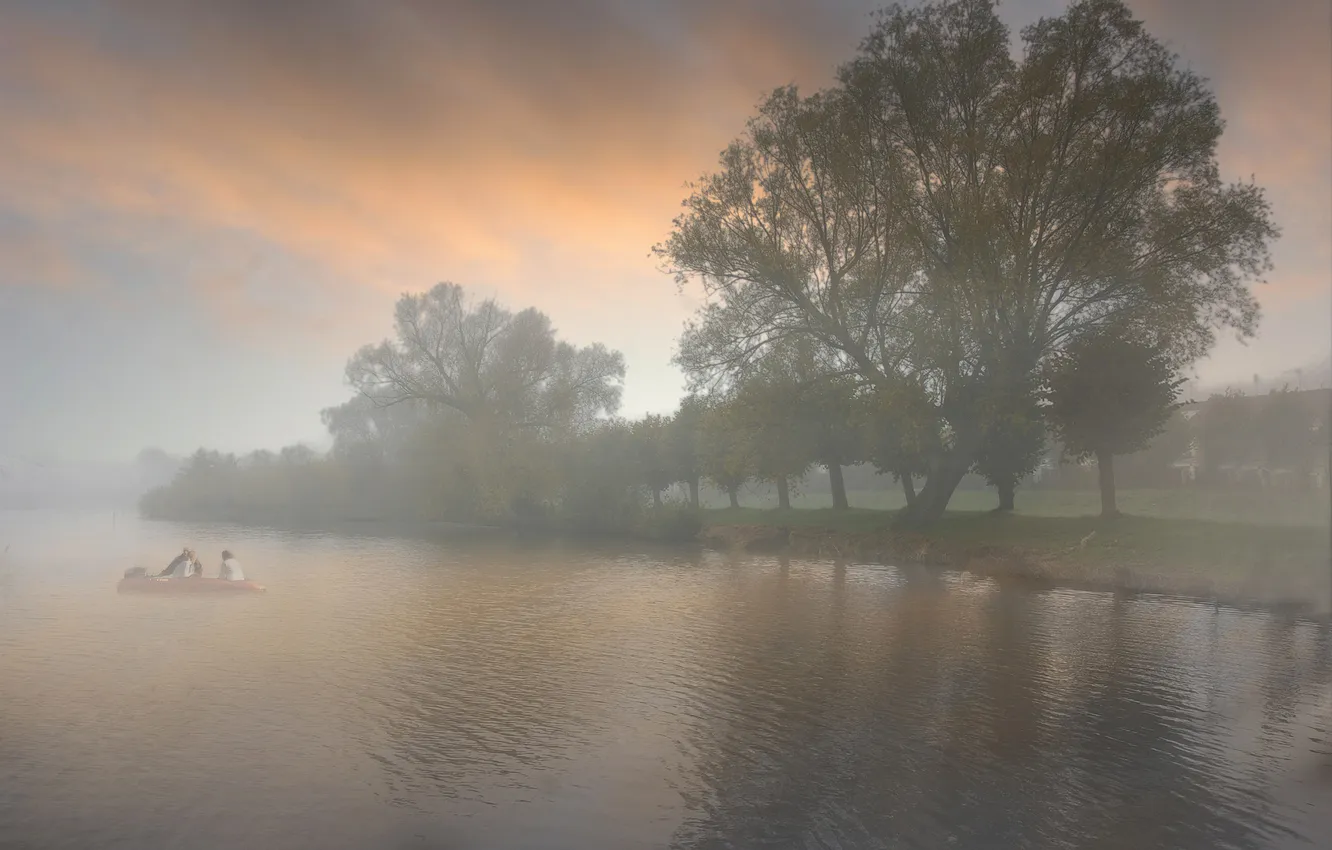 Photo wallpaper trees, fog, river, morning, channel