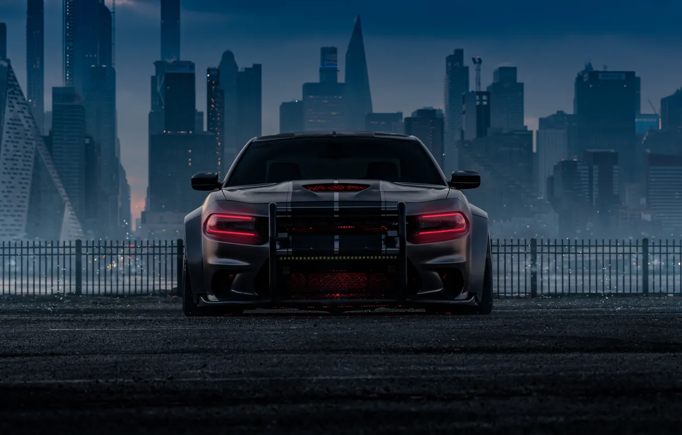 Photo wallpaper car, city, dodge, buildings, dodge charger srt hellcat