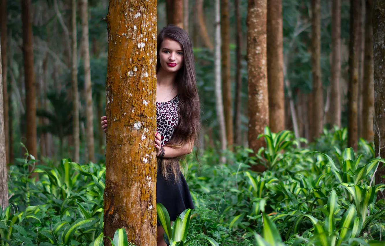 Photo wallpaper forest, summer, girl, face, tree, hair