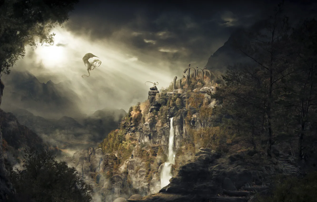 Photo wallpaper mountains, dragon, waterfall, Skyrim, dragonborn