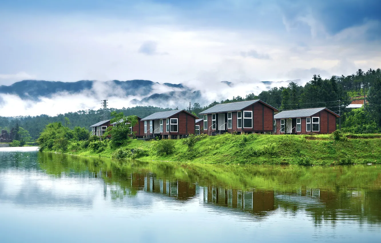 Photo wallpaper mountains, river, China, the village, Shaoguan