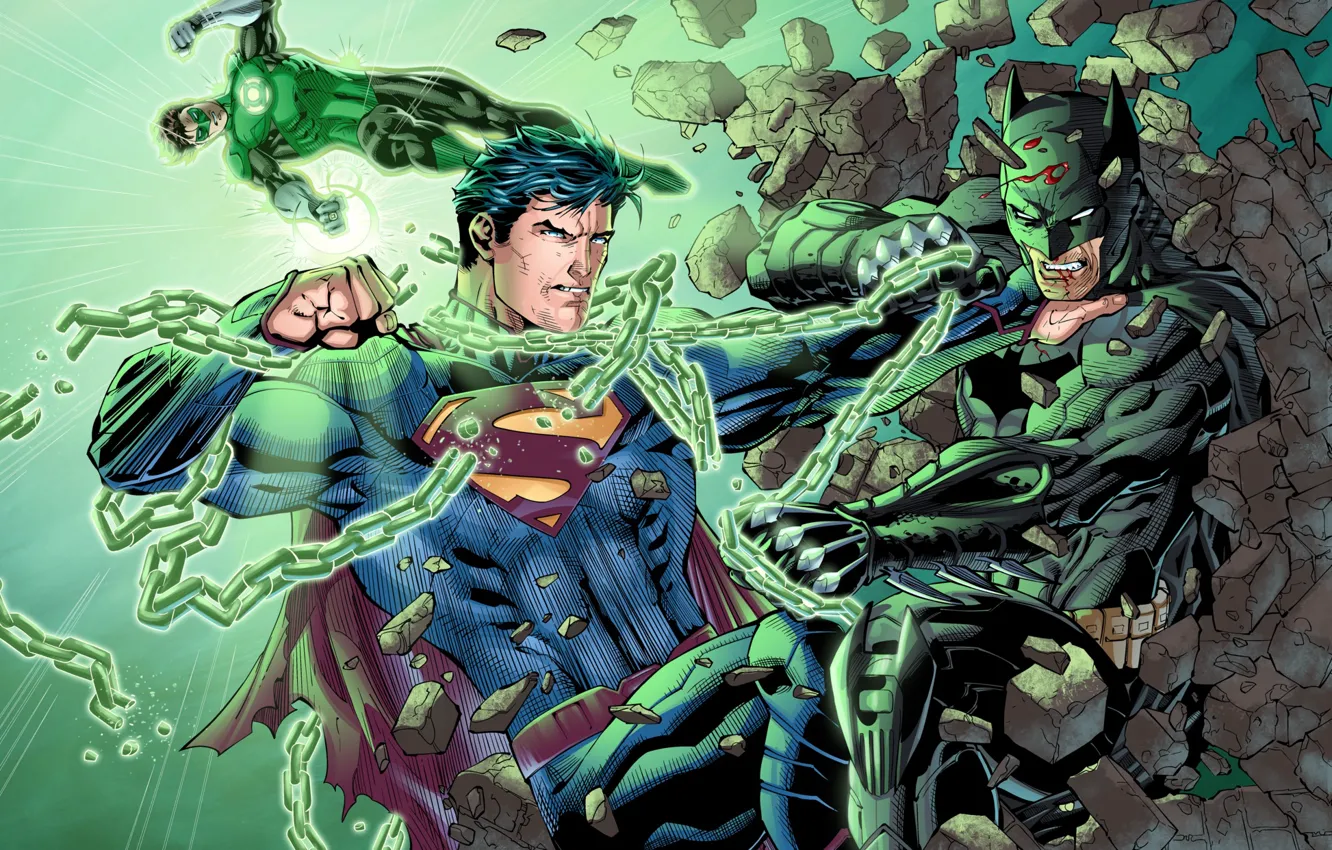 Photo wallpaper battle, chain, Batman, Green Lantern, Green Lantern, Superman