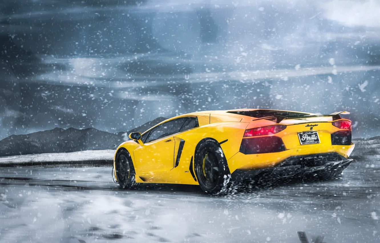 Photo wallpaper Lamborghini, Clouds, Snow, Yellow, LP700-4, Aventador, Supercars, Mountains
