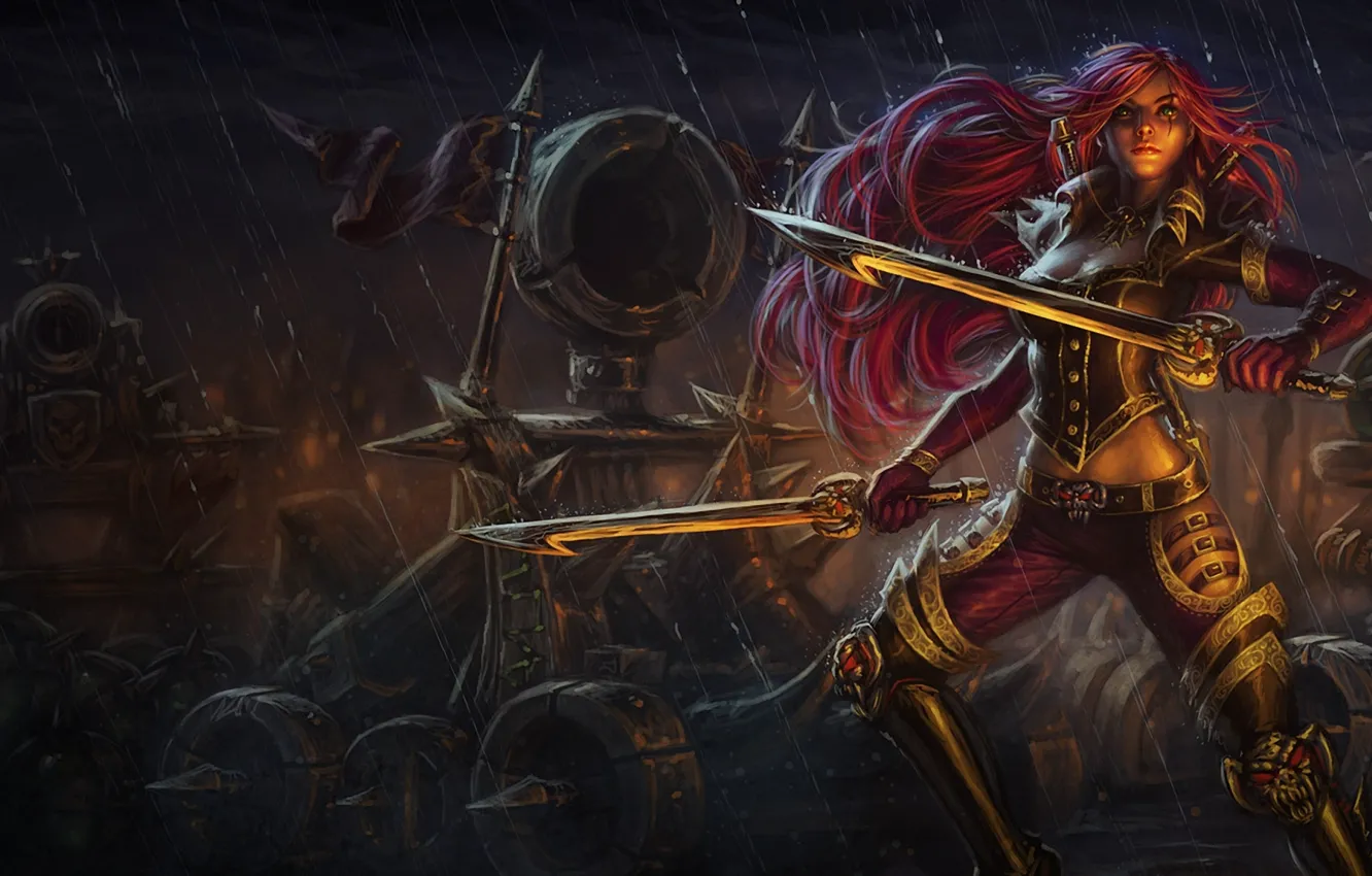 Photo wallpaper girl, weapons, rain, sword, League of Legends, catapult