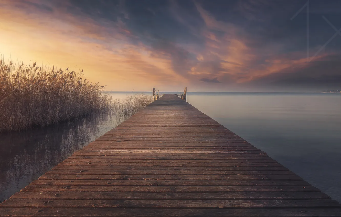 Photo wallpaper the sky, clouds, landscape, sunset, nature, lake, plant, the evening