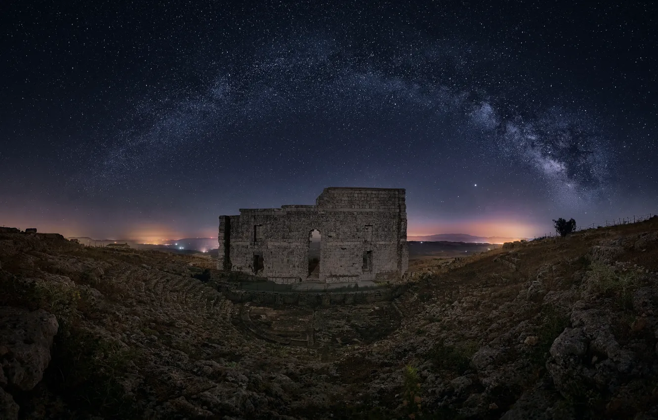 Photo wallpaper stars, night, stones, castle, rocks, slope, ruins, the milky way