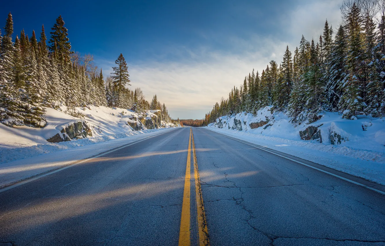 Photo wallpaper winter, road, the sky, snow, trees, nature, roadside