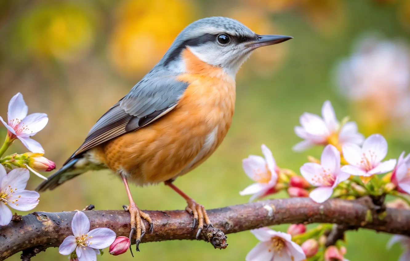 Photo wallpaper branches, microsemi, bird, beautiful, flowering
