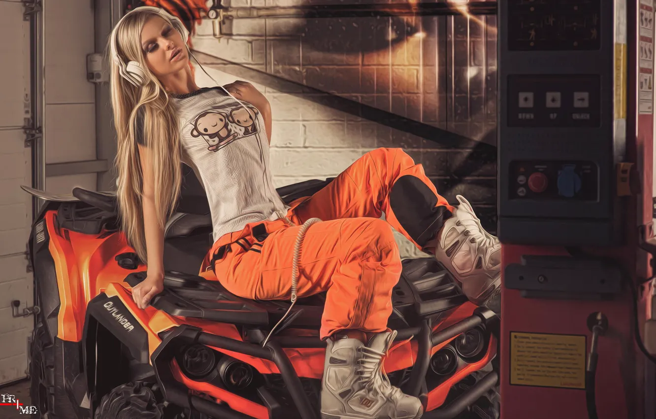 Photo wallpaper girl, headphones, beautiful, view, hair, sitting, quad, Costume