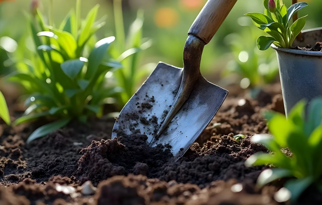 Photo wallpaper spring, garden, shovel, AI art