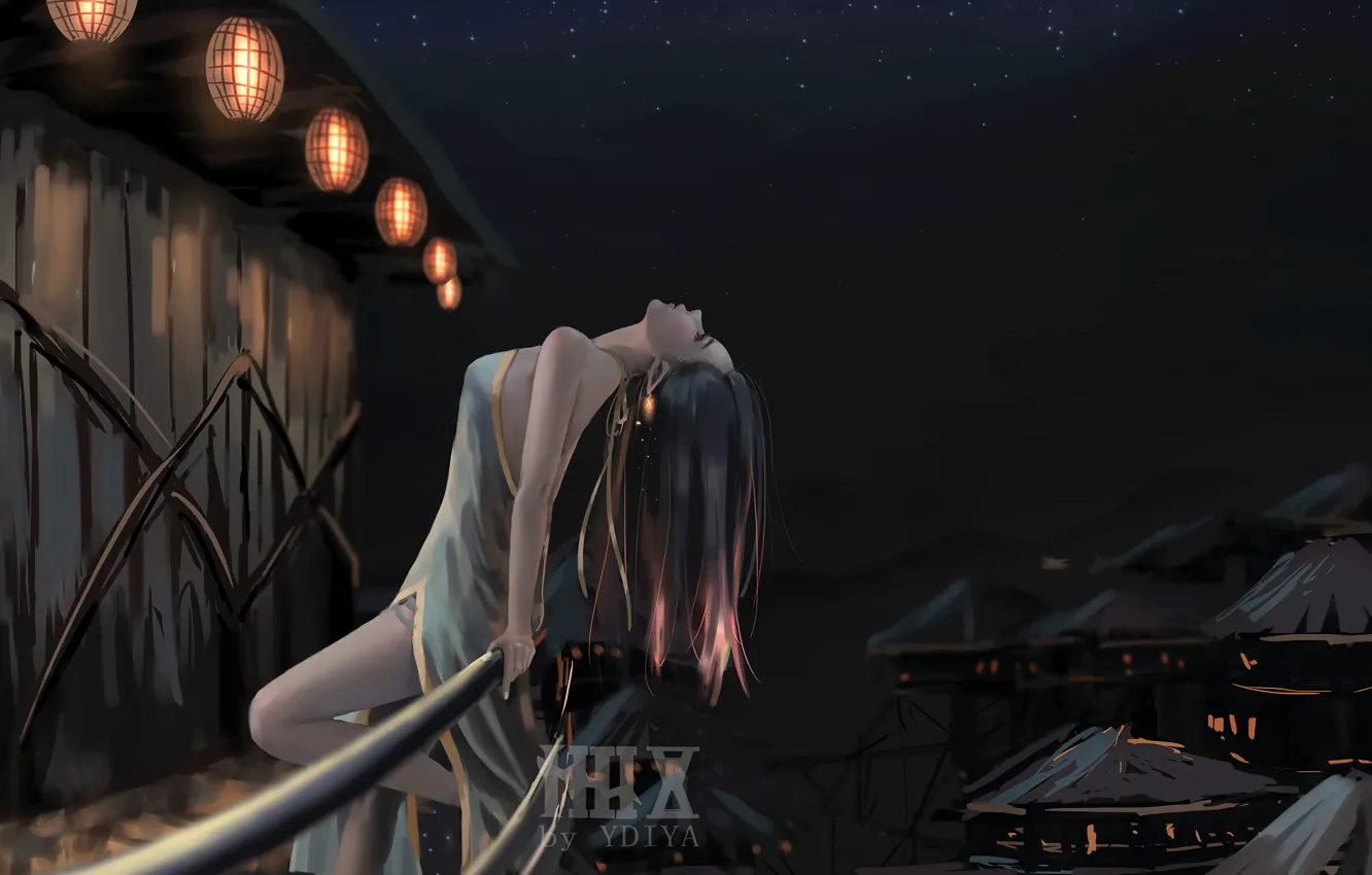 Photo wallpaper girl, fantasy, sky, long hair, night, stars, elf, digital art