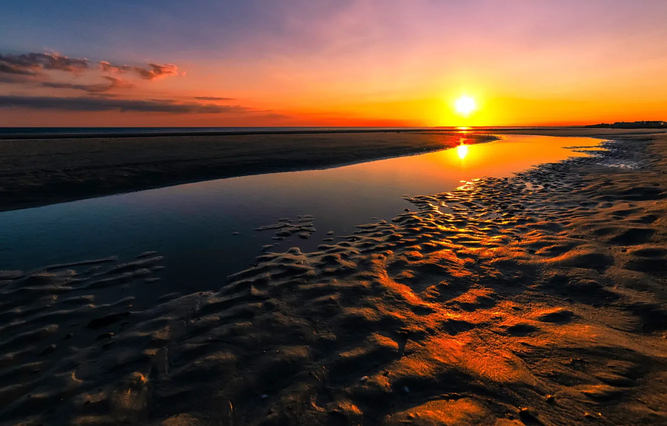 Photo wallpaper sand, beach, the sky, the sun, clouds, sunset, reflection, river
