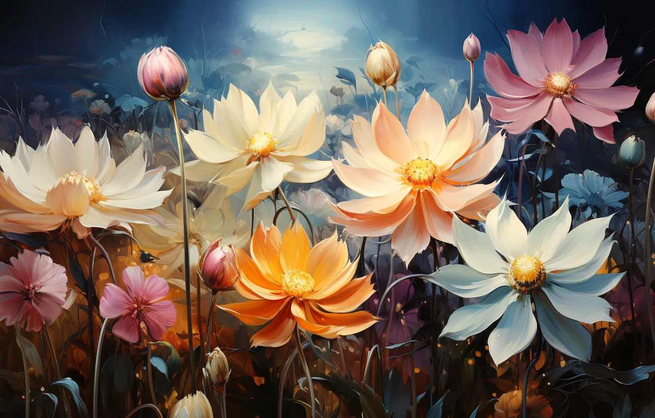 Photo wallpaper flowers, picture, Lotus, painting, imitation painting, AI art, digital painting, neural network
