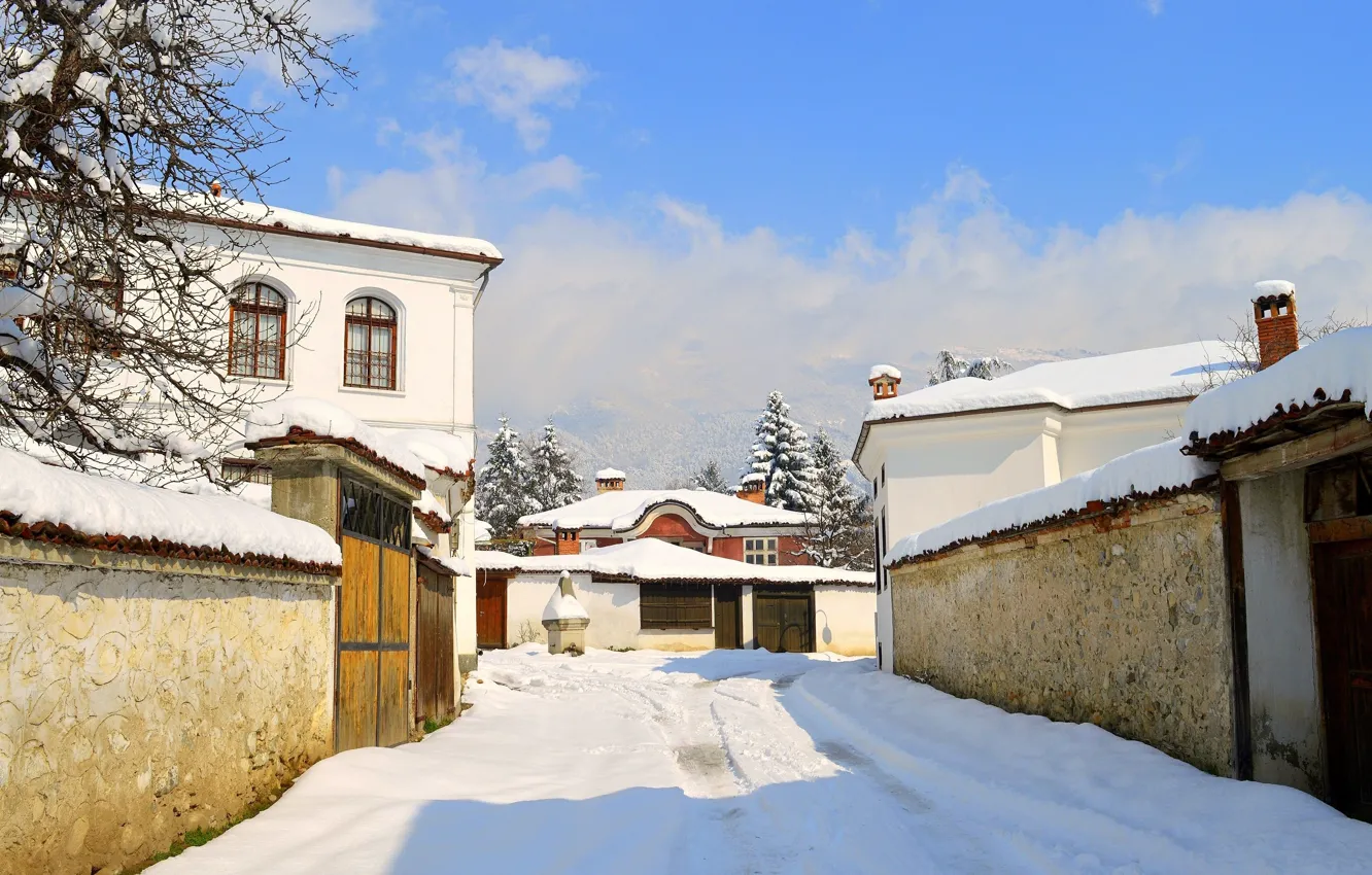 Photo wallpaper Home, Winter, Snow, Village, Frost, Winter, Frost, Snow