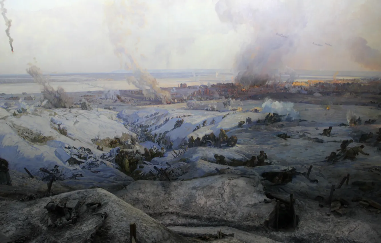 Photo wallpaper Winter, Snow, Aircraft, War, Panorama, Picture, Soldiers, Fragment