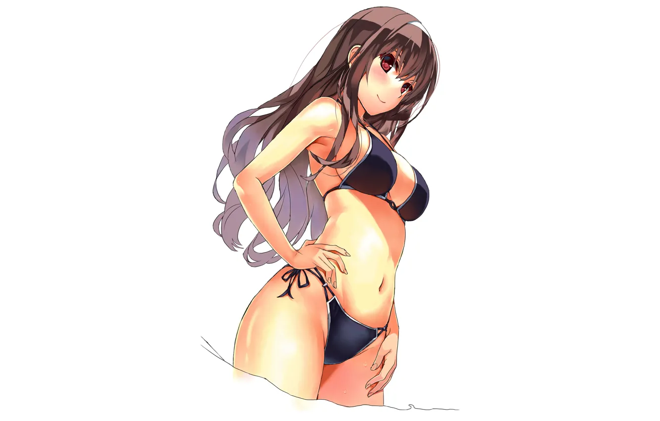 Photo wallpaper girl, sexy, cleavage, long hair, brown hair, boobs, anime, beautiful