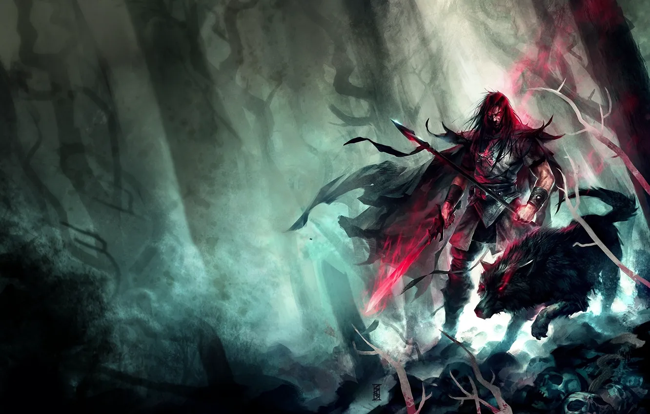 Photo wallpaper forest, wolf, sword, art, male, spear, red eyes, lost