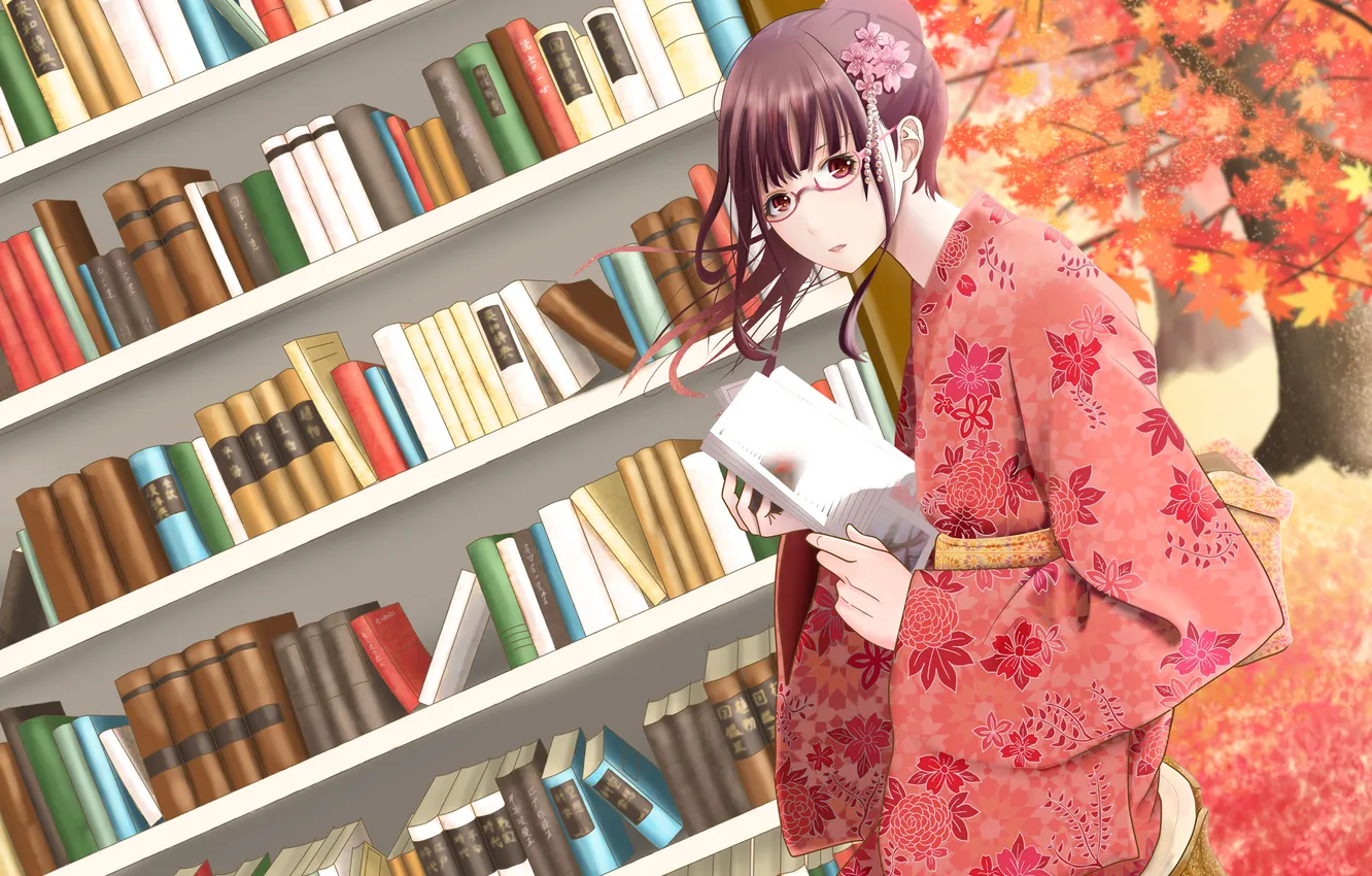 Photo wallpaper autumn, look, girl, trees, foliage, stump, glasses, book