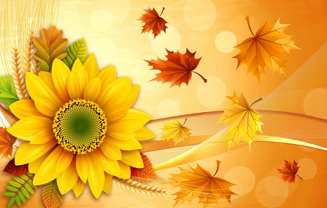 Photo wallpaper autumn, leaves, sunflowers, flowers, collage, ears
