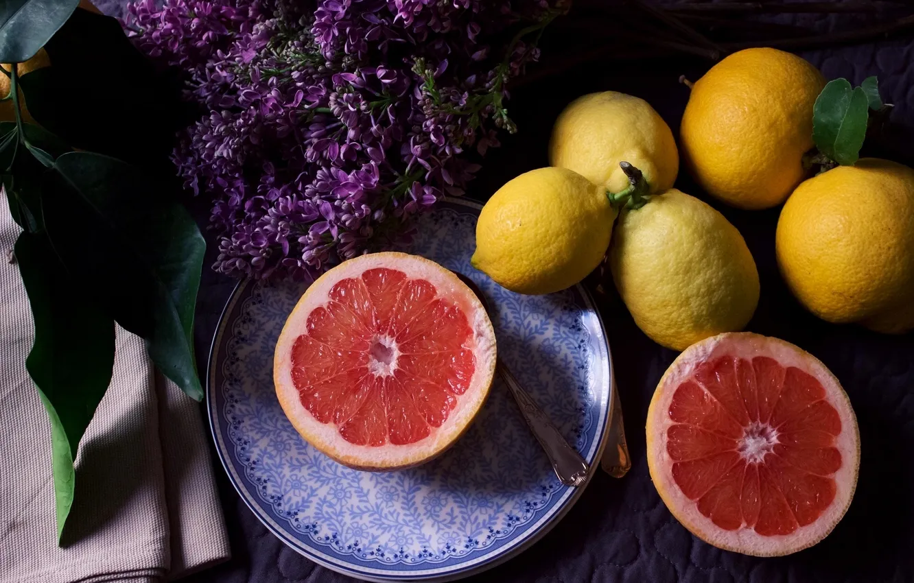 Photo wallpaper lemon, orange, fruit, lilac