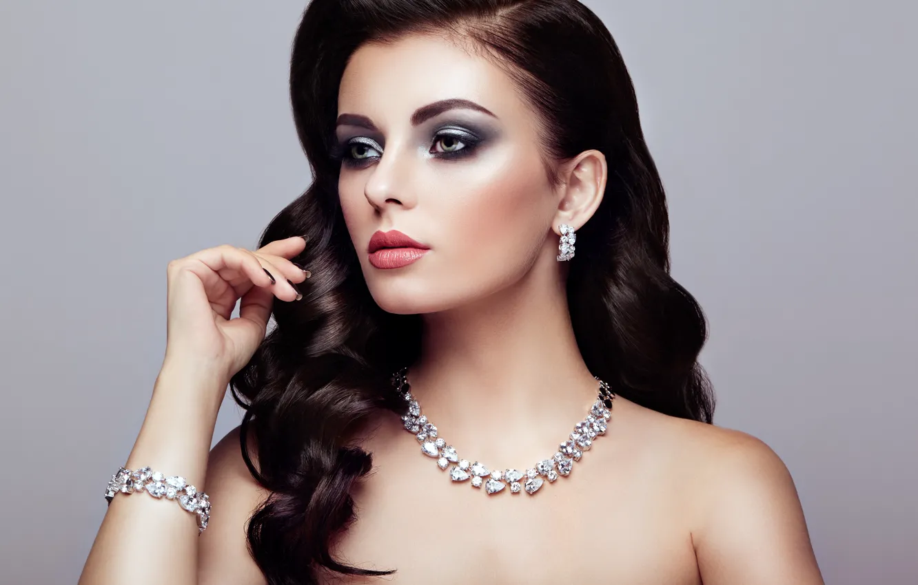 Photo wallpaper decoration, background, portrait, earrings, necklace, makeup, brunette, hairstyle