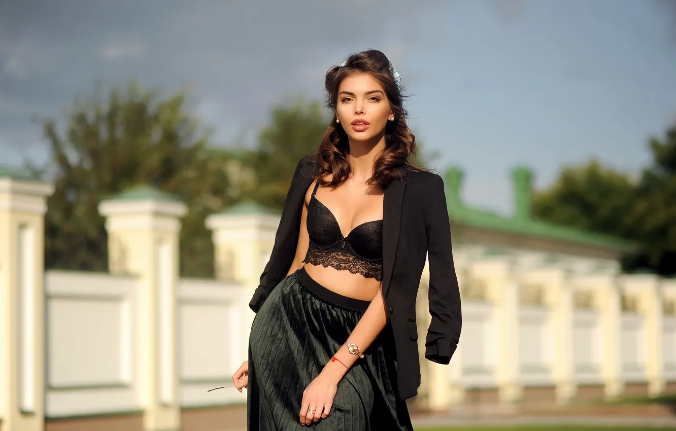 Photo wallpaper girl, pose, brunette, in black, Denis Lytkin