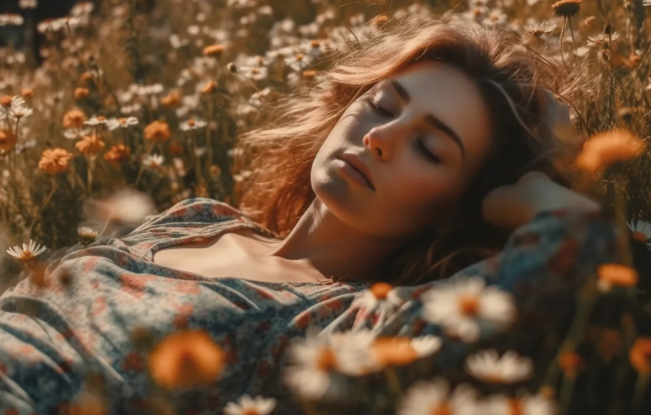 Photo wallpaper girl, flowers, hair, chamomile, sleeping, digital art, AI art, The Art of Artificial Intelligence