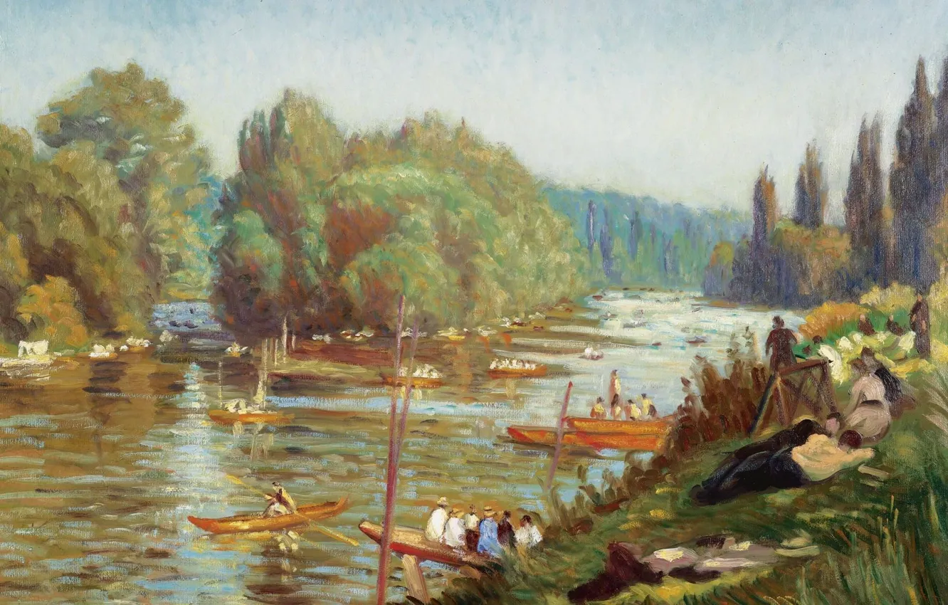 Photo wallpaper landscape, river, picture, boats, The banks of the Marne at La Varena, Emile Bernard, Emile …