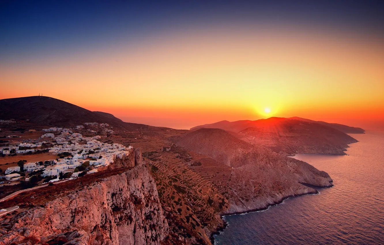 Photo wallpaper sea, mountains, dawn, home, Greece