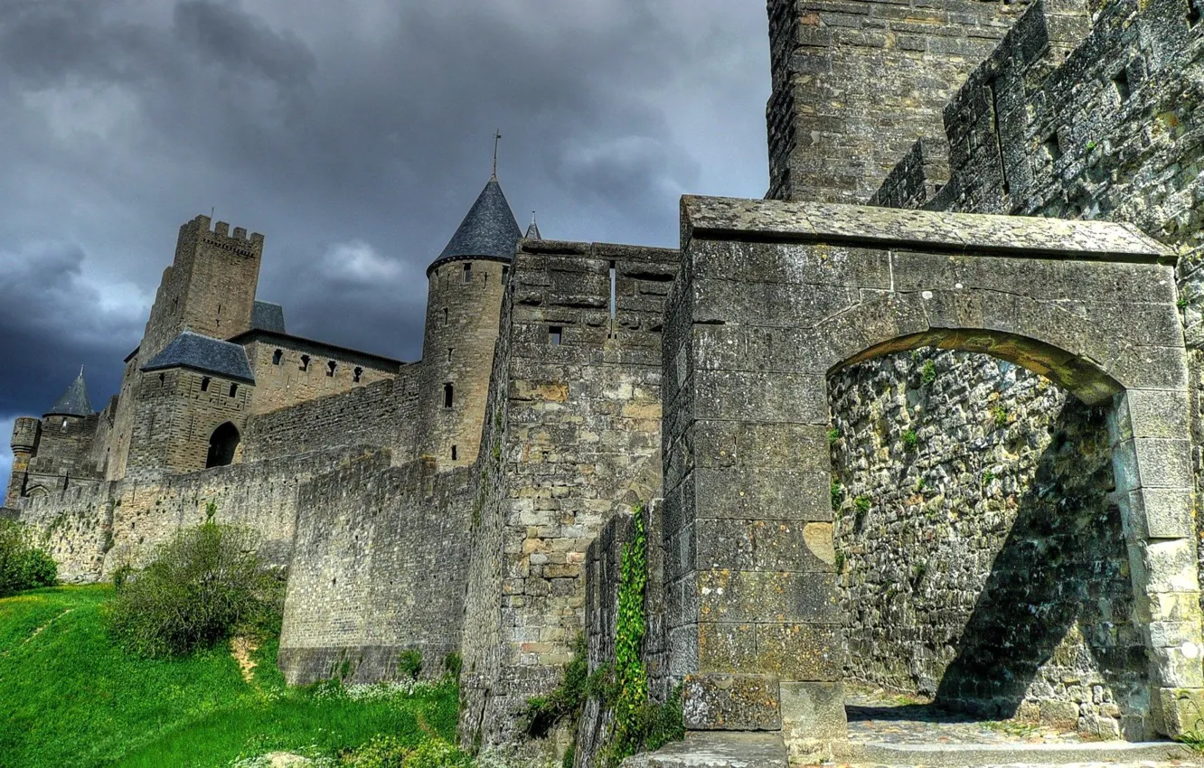 Photo wallpaper the sky, clouds, castle, overcast, France, The Fortress Of Carcassonne, medieval architecture