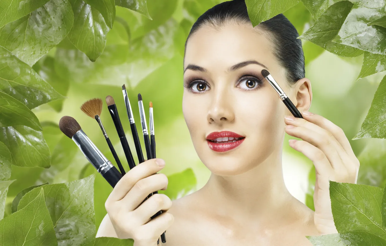 Photo wallpaper girl, face, brush.makeup, green.foliage