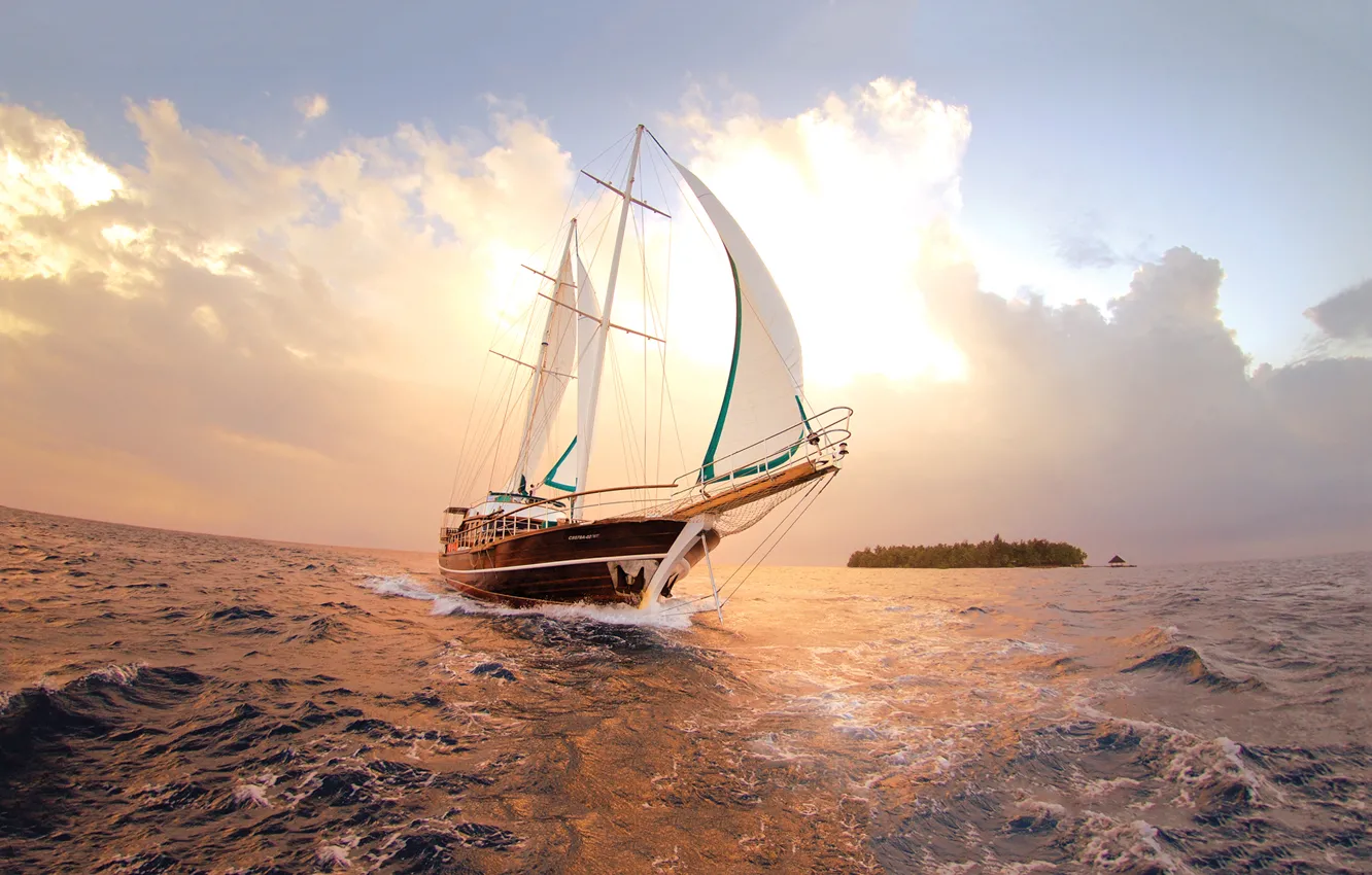Photo wallpaper sea, the sky, clouds, the ocean, island, sailboat, yacht