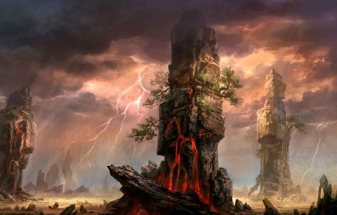 Photo wallpaper mountains, clouds, rocks, lightning, Nine communities