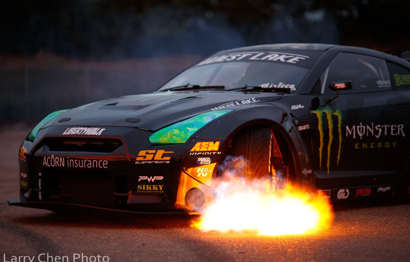 Photo wallpaper fire, flame, Nissan, GT-R, drift, Monster Energy, R35, Larry Chen