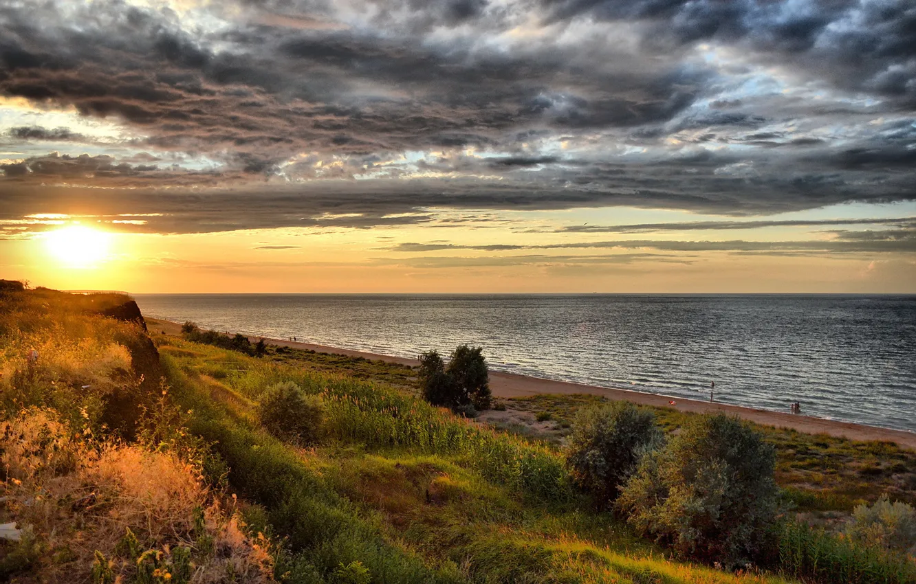 Photo wallpaper sea, the sky, the sun, clouds, landscape, sunset, nature, beauty