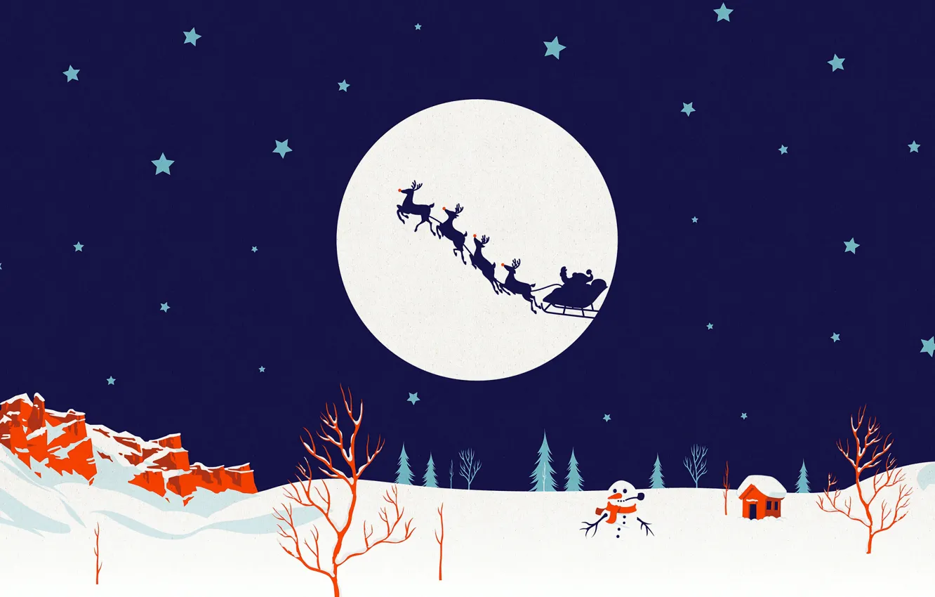Photo wallpaper winter, the moon, deer, silhouette, Christmas, snowman, sleigh, Santa
