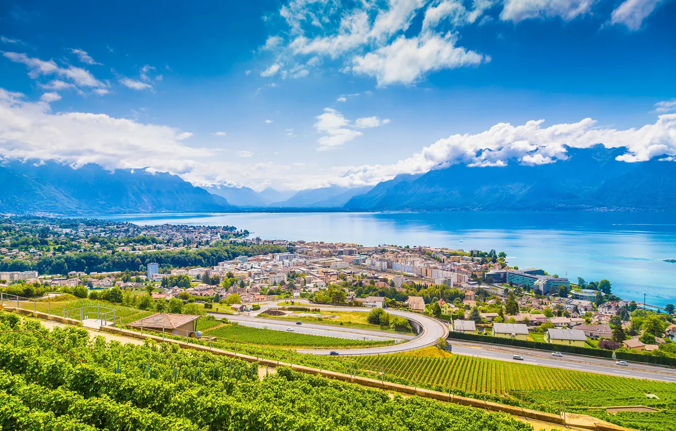 Photo wallpaper mountains, lake, Switzerland, vineyard, Vevey