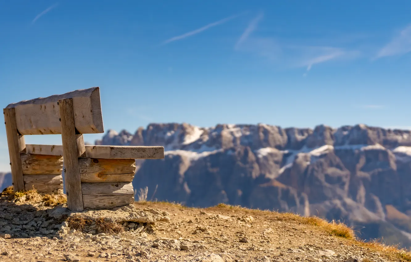 Photo wallpaper mountains, bench, rocks