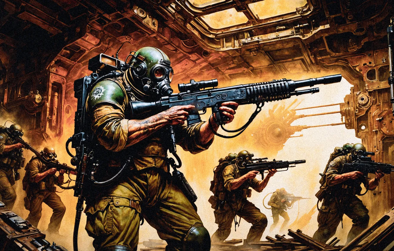 Photo wallpaper weapons, man, soldiers, gas mask, landing
