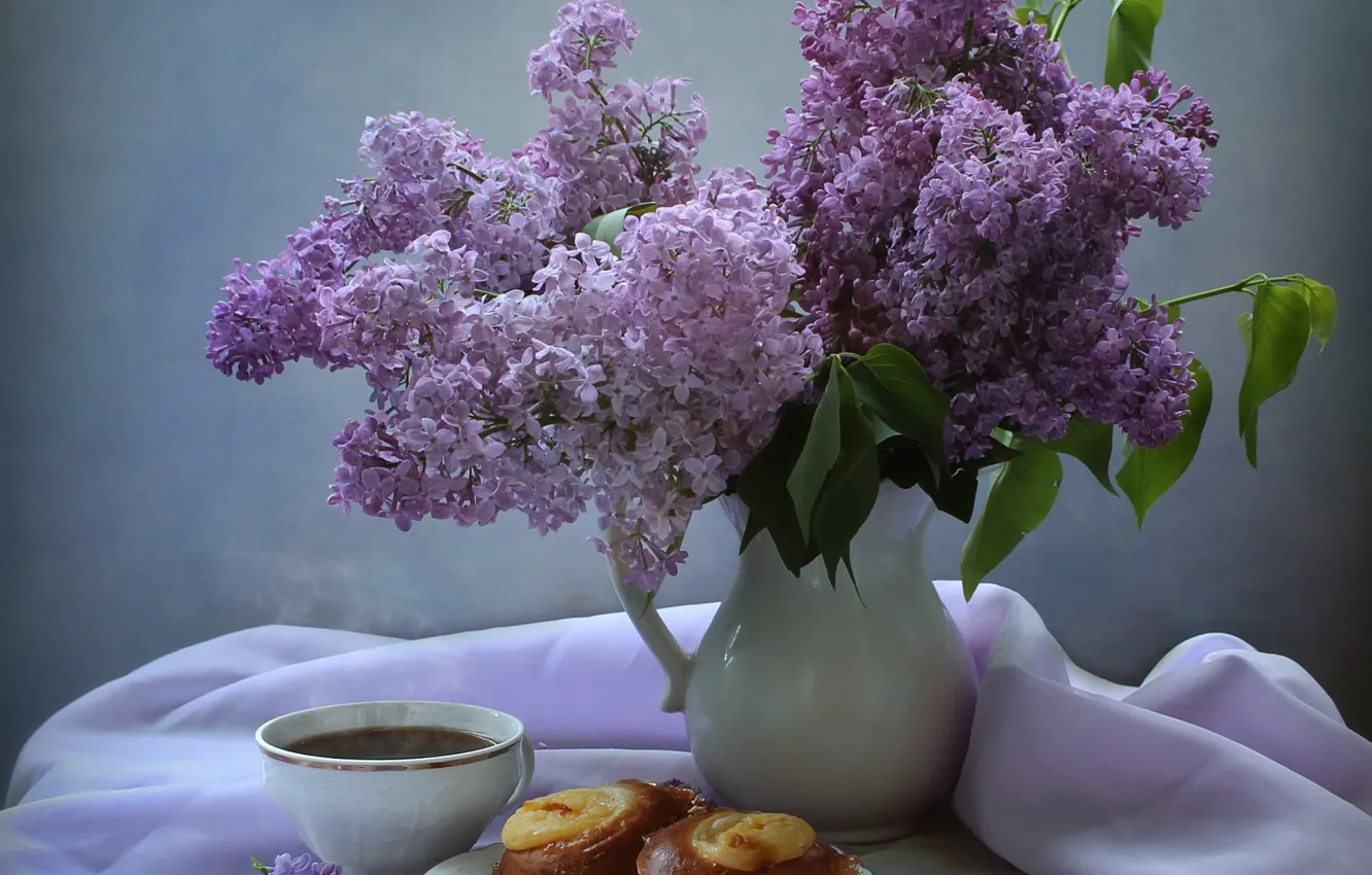 Photo wallpaper branches, tea, Cup, fabric, pitcher, still life, saucer, cakes