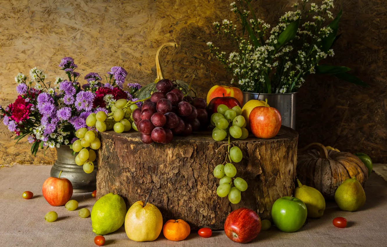 Photo wallpaper flowers, apples, bouquet, grapes, pumpkin, fruit, still life, vegetables