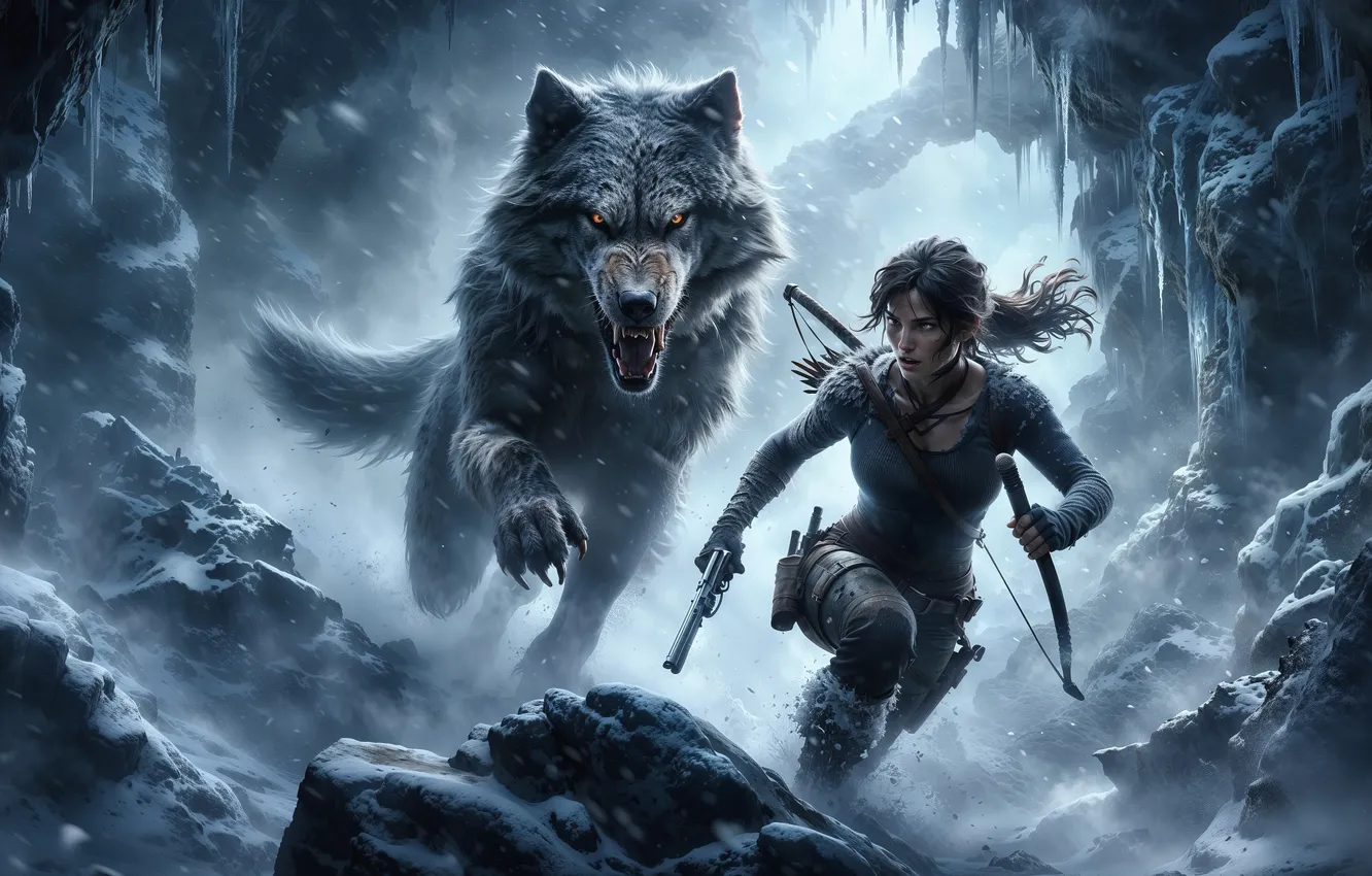 Photo wallpaper girl, wolf, chase, action