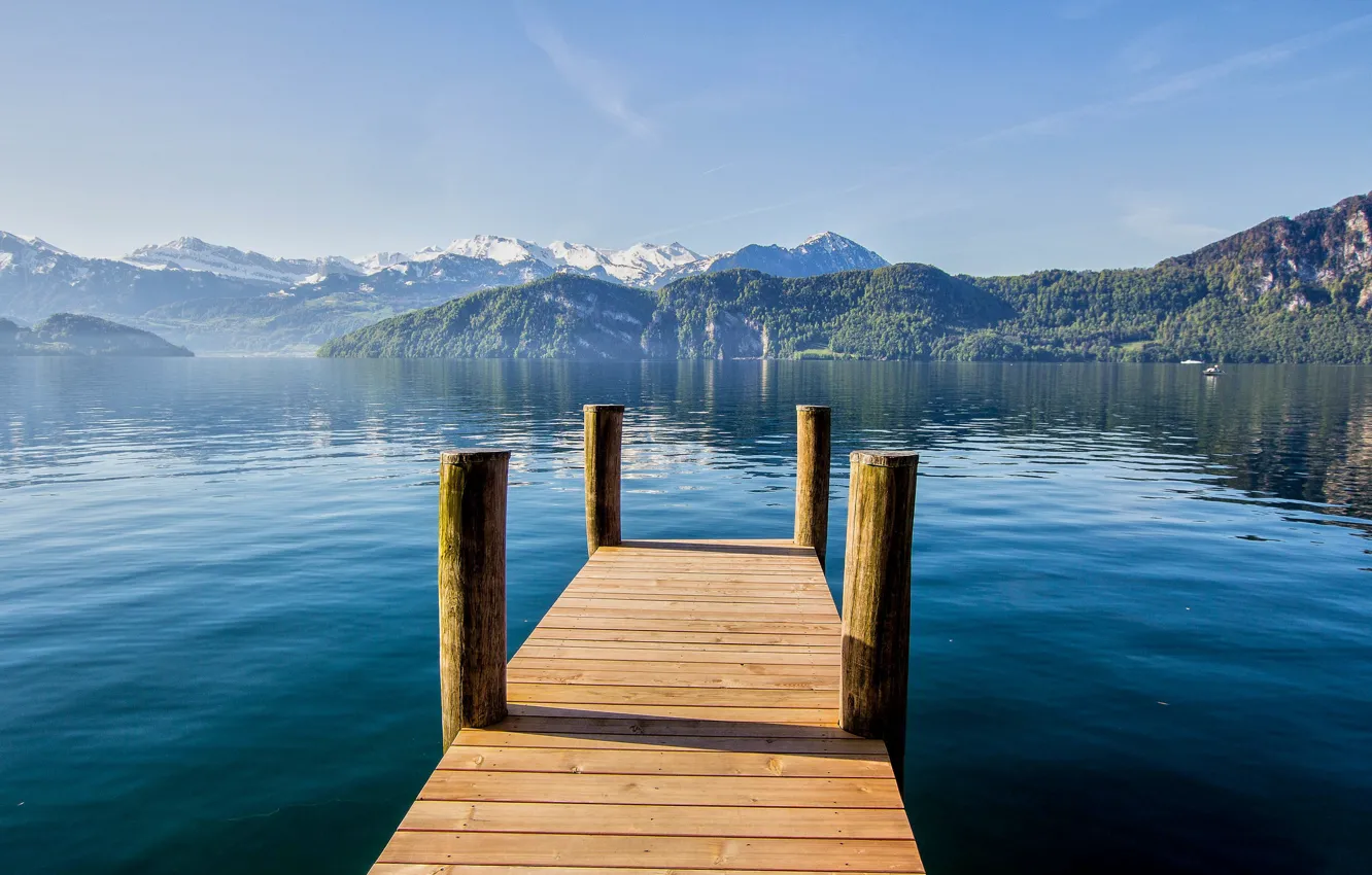 Photo wallpaper mountains, lake, calm, the bridge, Switzerland, seamstress, Weggis, Canton of Lucerne