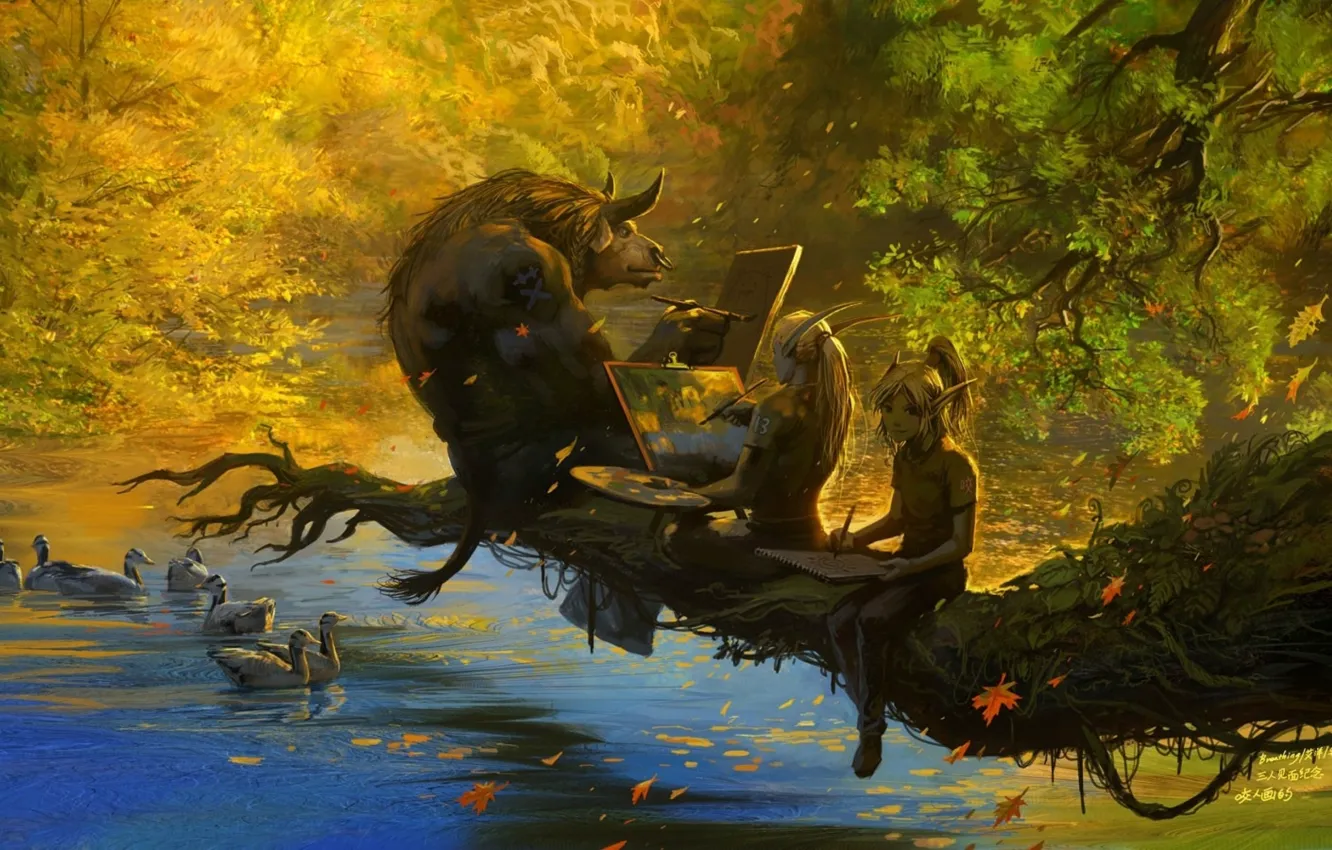 Photo wallpaper autumn, lake, branch, elves, WoW, World of Warcraft, falling leaves, Tauren
