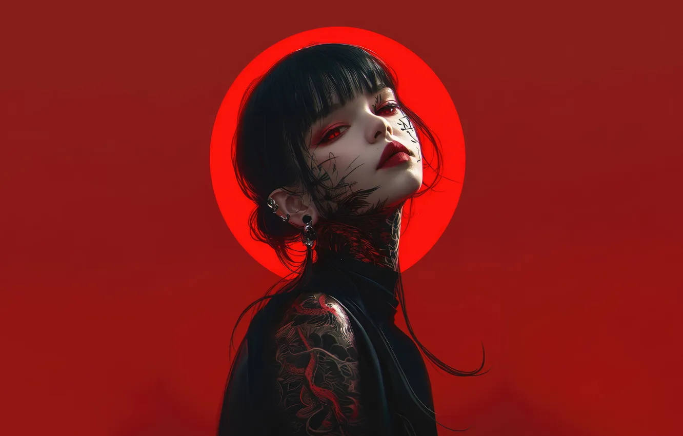 Photo wallpaper tattoo, anime girl, Red Eye, AI Generated